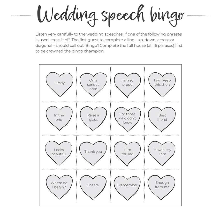 Wedding Speech Bingo - Wedding Favours and Wedding Games